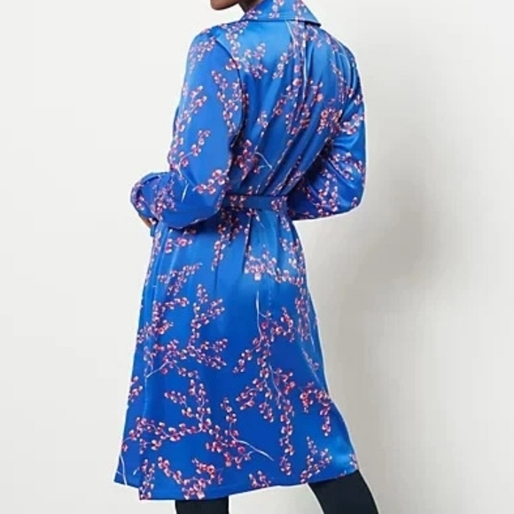 J Jason Wu Women's Woven Printed Lightweight Satin Floral Trench, Blue & Pink - Picture 4 of 14